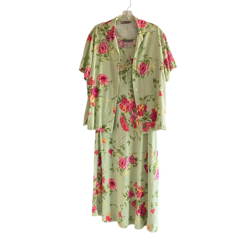 Ivy Linen Blend Tank Dress Top Set Flowers Cottage Core Green Pink M / 8